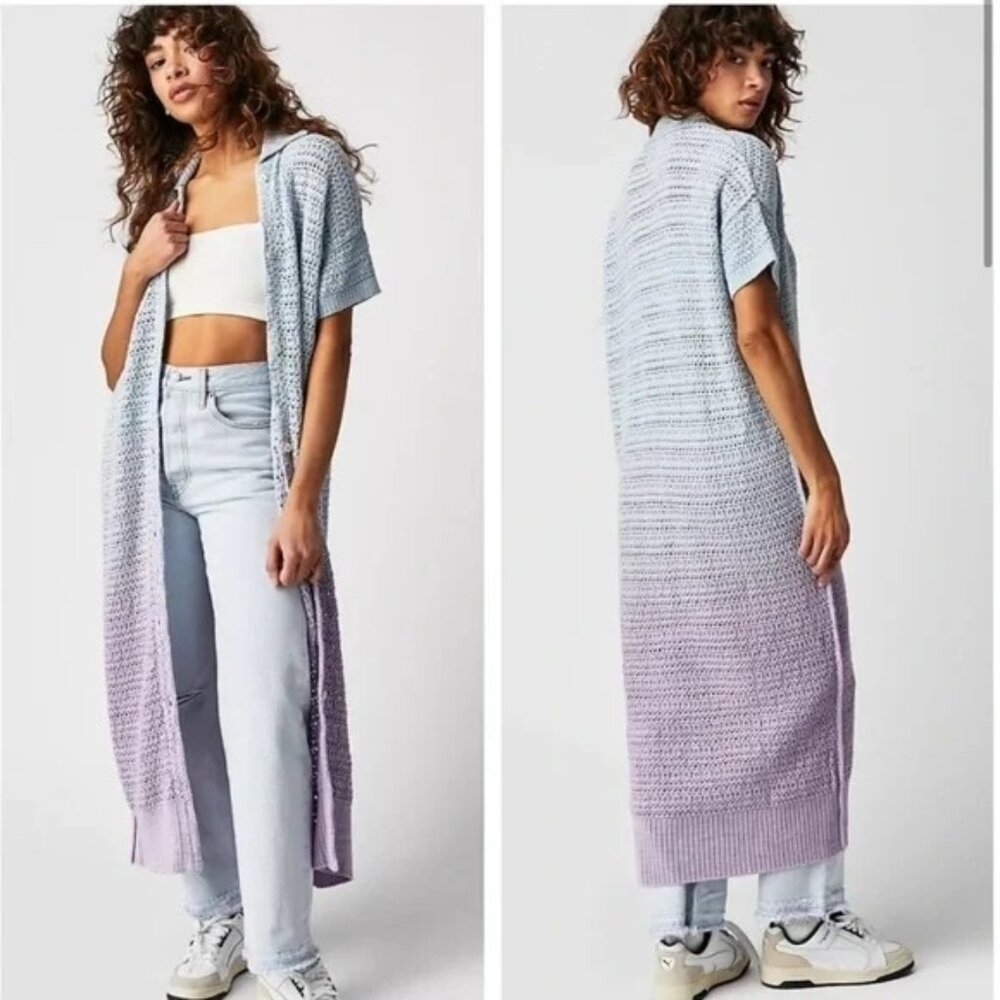 We The Free XS Ombre Crochet Knit Duster Cardigan Short Sleeve Button Front 100%